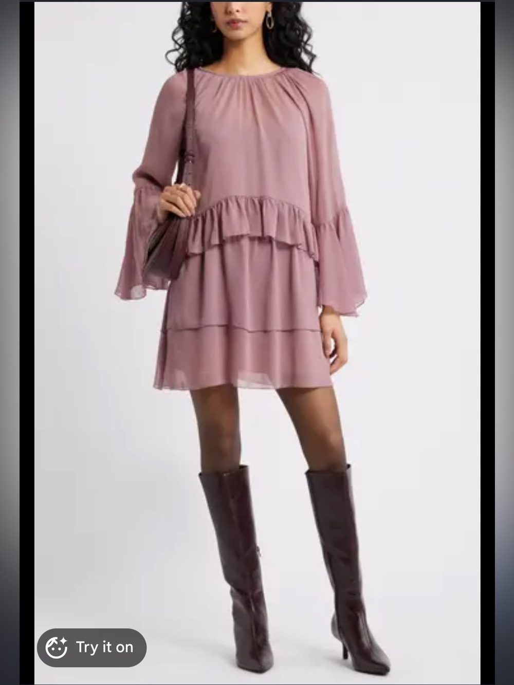 Nordstrom Mauve Tiered Mini Dress with Bell Sleeves
